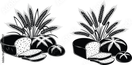 Monochrome bread and wheat illustration in rustic style for bakery or food projects