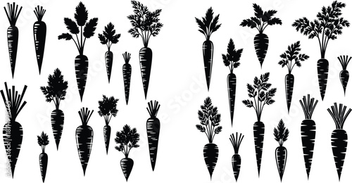 Monochrome carrot silhouettes with leafy tops arrangement, for sticker designs and organic farm logos