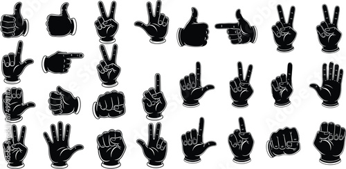 Monochrome cartoon hand gestures collection including peace sign, pointing, thumbs up, fist pump, finger pointing