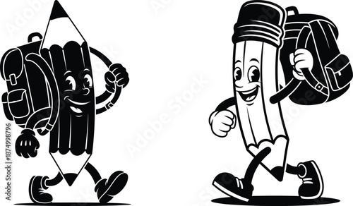 Monochrome cartoon pencil characters walking with school backpack, vintage style for educational designs