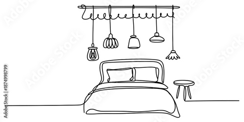 Continuous line drawing of a cozy bedroom interior with bed and hanging lamps Vector, illustration