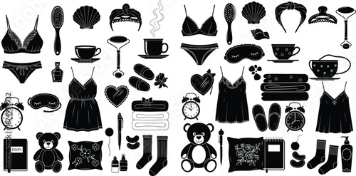 Monochrome silhouette of selfcare items, bedtime accessories, and relaxation objects for prints