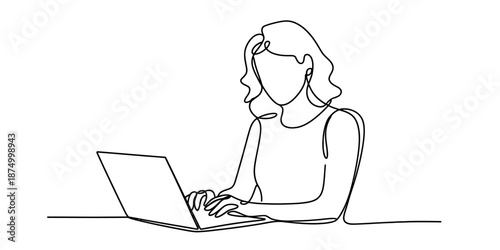 Minimalist continuous line art illustration showing a young woman typing on a laptop at a desk Vector, illustration