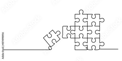 A continuous line drawing of a group of puzzle pieces coming together or falling apart Vector, illustration