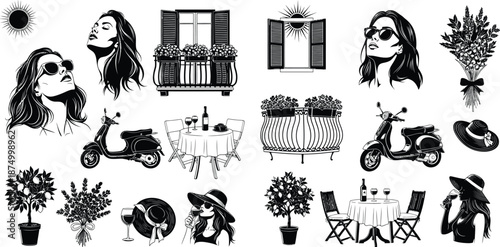 Monochrome set of European summer lifestyle illustrations with woman, moped, wine, balcony, and sunlight