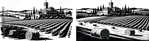 Monochrome vineyard landscape with haystack rolls and Tuscan villa, agricultural illustrations