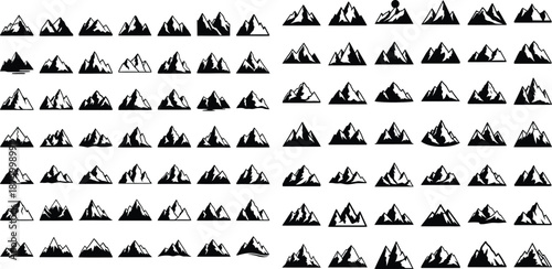 Mountain peaks collection graphics, varied silhouette designs for logos or nature themes, landscape elements