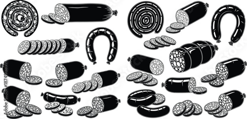 Monochrome sausage collection illustrations with sliced and whole salamis food concept detailed line drawing