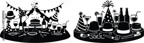 New Year's Eve celebration with champagne toast and party hats, black silhouettes