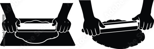 of dough handling with hands and cutter on board, cooking preparation