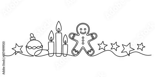 Continuous line drawing of christmas decorations including candles and a gingerbread man Vector, illustration