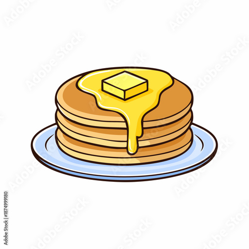 Delicious Stack of Fluffy Pancakes with Melting Butter and Golden Maple Syrup Illustration