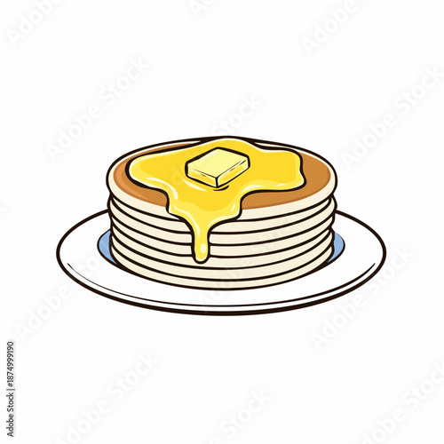 Delicious Stack of Homemade Pancakes with Melting Butter and Golden Maple Syrup Vector Illustration