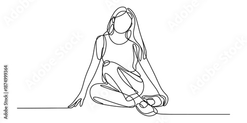 Minimalist continuous line drawing of a woman sitting on the ground with a relaxed posture Vector, illustration