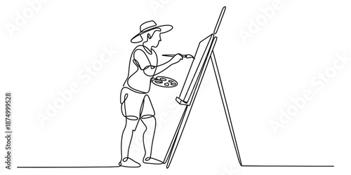Minimalist continuous line drawing depicting an artist at work with easel and palette Vector, illustration