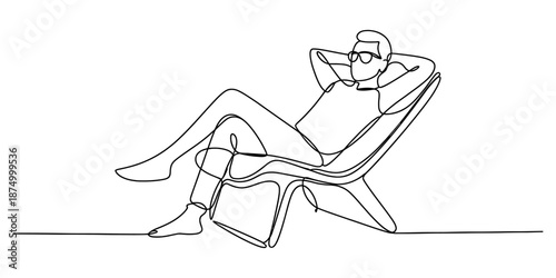 Continuous line drawing of a relaxing man sitting in a modern lounge chair Vector, illustration