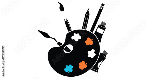 An artistic collection of painting tools including brushes pencils and a palette silhouette