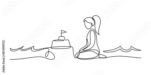 Continuous line drawing of a young woman enjoying a beach day with her sandcastle creation Vector, illustration