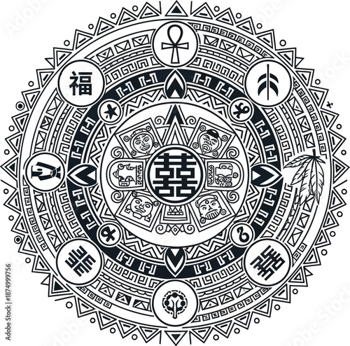 Mandala with omens and symbols on white background