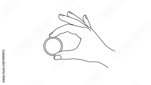 Close up of a human hand holding a small circular object between thumb and forefinger on a white background line art drawing