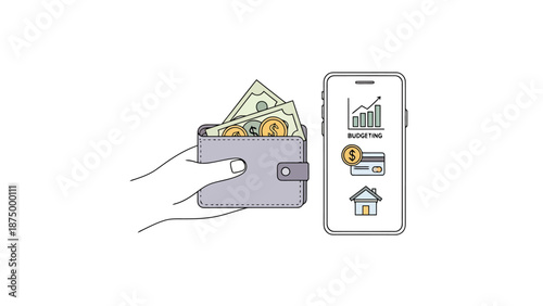 Hand holding wallet with currency and coins next to smartphone displaying financial management application with charts and icons for credit card and