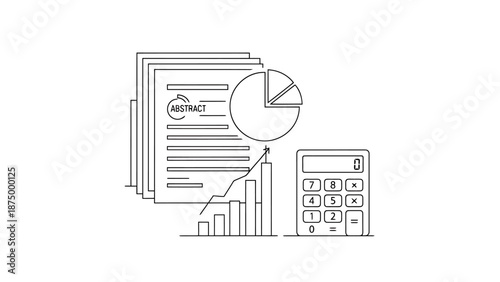 Business Analysis and Financial Planning Concepts with Documents Pie Chart Bar Graph and Calculator Icons Representing Data and Strategy Development