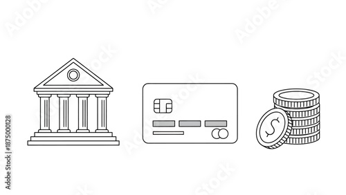 Financial Icons Representing Banking Services Credit Card Payments and Monetary Savings for Digital Commerce