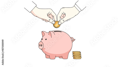 Two hands depositing coins into a pink piggy bank with a stack of currency next to it representing savings and financial growth concept