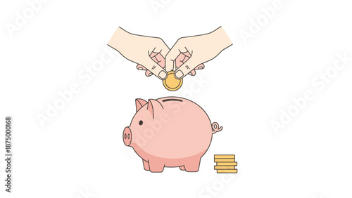 Hands place gold coin into piggy bank for saving money concept illustration with stack beside isolated on white background