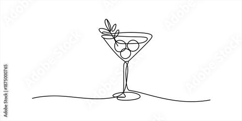 Continuous one-line art drawing of a cocktail glass with garnish and olives Vector, illustration