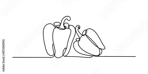Minimalist continuous line art drawing illustrating two bell peppers against a white background Vector, illustration