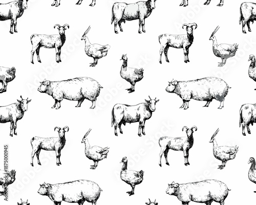 a black and white pattern of cows chickens and sheep