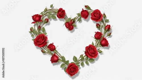 Elegant Valentine Card Design Featuring Intertwined Roses Forming a Heart Shape Naturally, Delicate Leaves and Buds, Realistic Botanical Illustration