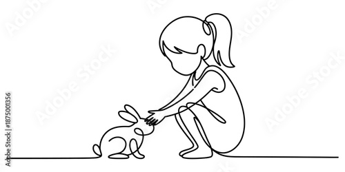 Continuous line art illustration of a young girl crouching to interact with a rabbit Vector, illustration