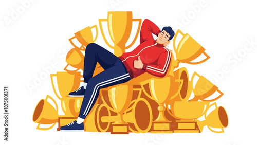 Successful individual relaxing atop a pile of golden trophies, symbolizing achievement and victory in a comfortable pose