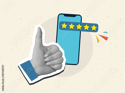 A black and white hand with thumbs up gesture and a phone with a five stars rating on a screen. Modern photo collage style. Vector illustration