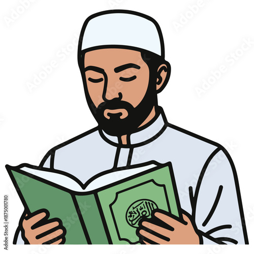 Outlined Illustration of Bearded Man Reading Green Book with Arabic Script