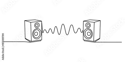Simple continuous line drawing illustration depicting two stereo speakers linked by a dynamic sound wave Vector, illustration