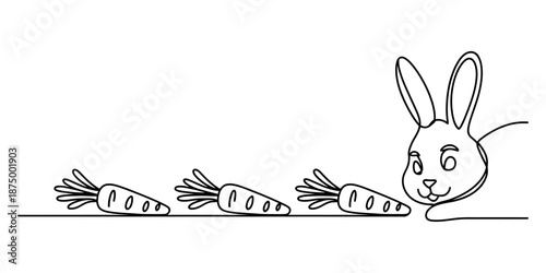 A continuous single line art drawing featuring a cute rabbit and its favorite food, carrots Vector, illustration