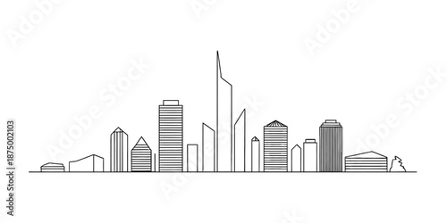 A simple black line art drawing illustrating a modern city skyline against a white background Vector, illustration