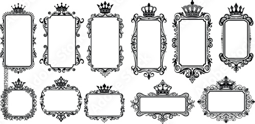 Ornate black frame set, embellished with crown toppers and elegant flourishes, isolated silhouettes