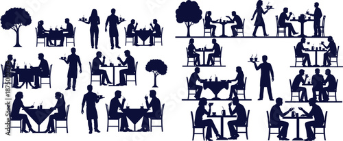 Outdoor café silhouette collection showcasing patrons dining and servers carrying beverages on trays