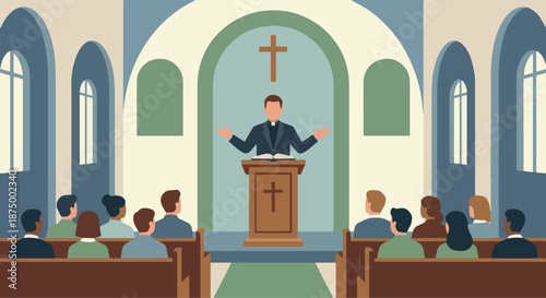 Pastor Giving Sermon



A flat vector illustration of a pastor standing at a pulpit, delivering a sermon to the congregation. Bible open on the stand, simple church interior in the background. 