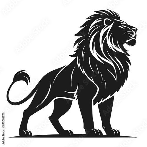 Majestic lion standing proudly with mane flowing in the savannah landscape viewed from the side