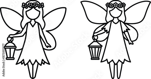 Outline drawings of garden fairies with wings, flower crowns, and lanterns for coloring books