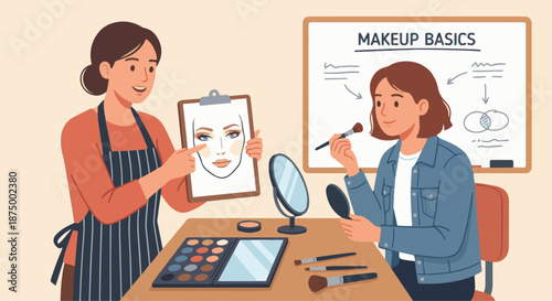 Makeup Artist Teaching Makeup

A flat vector illustration of a makeup artist teaching makeup techniques to a student or client. Face chart or palette visible. 