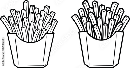 Outline french fries in paper container, fast food illustration for menus and coloring books