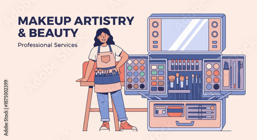  Makeup Artist with Makeup Kit

A flat vector illustration of a makeup artist standing confidently with a professional makeup kit. Flat vector style suitable for branding or service promotion.