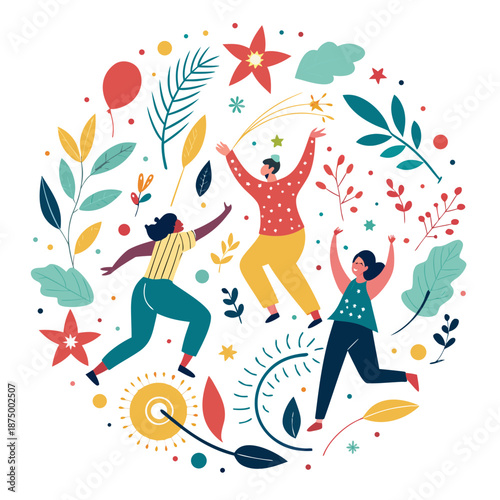 People dancing and celebrating surrounded by vibrant plants and stars in a lively scene