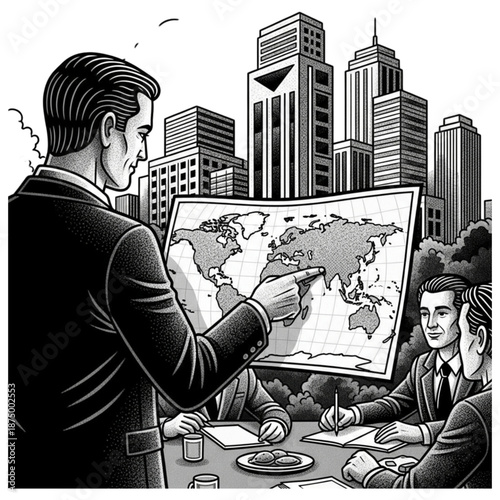 Strategic Planning in Urban Landscape: A focused business team collaborates around a global map, strategizing their next steps amidst a modern cityscape.